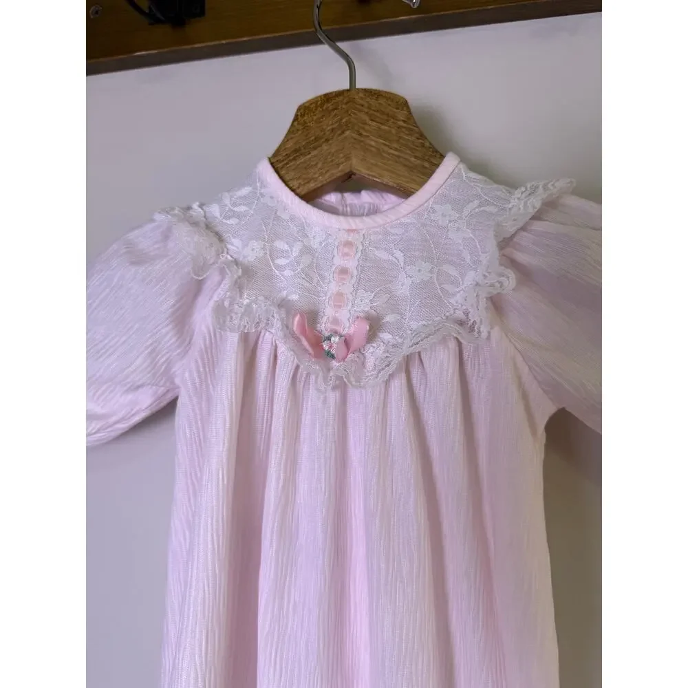 Vintage Baby Pink Lace Yoke Nightgown Long Sleeve Ruffle Hem Infant Gown 18mo?